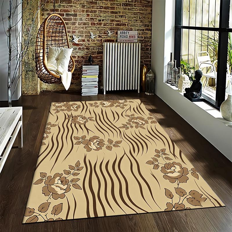 Floral Pattern Carpet with Beige and Brown Stripes for Home Decor Suitable for Use As an Anti-slip for Living Room Bedroom Sofas