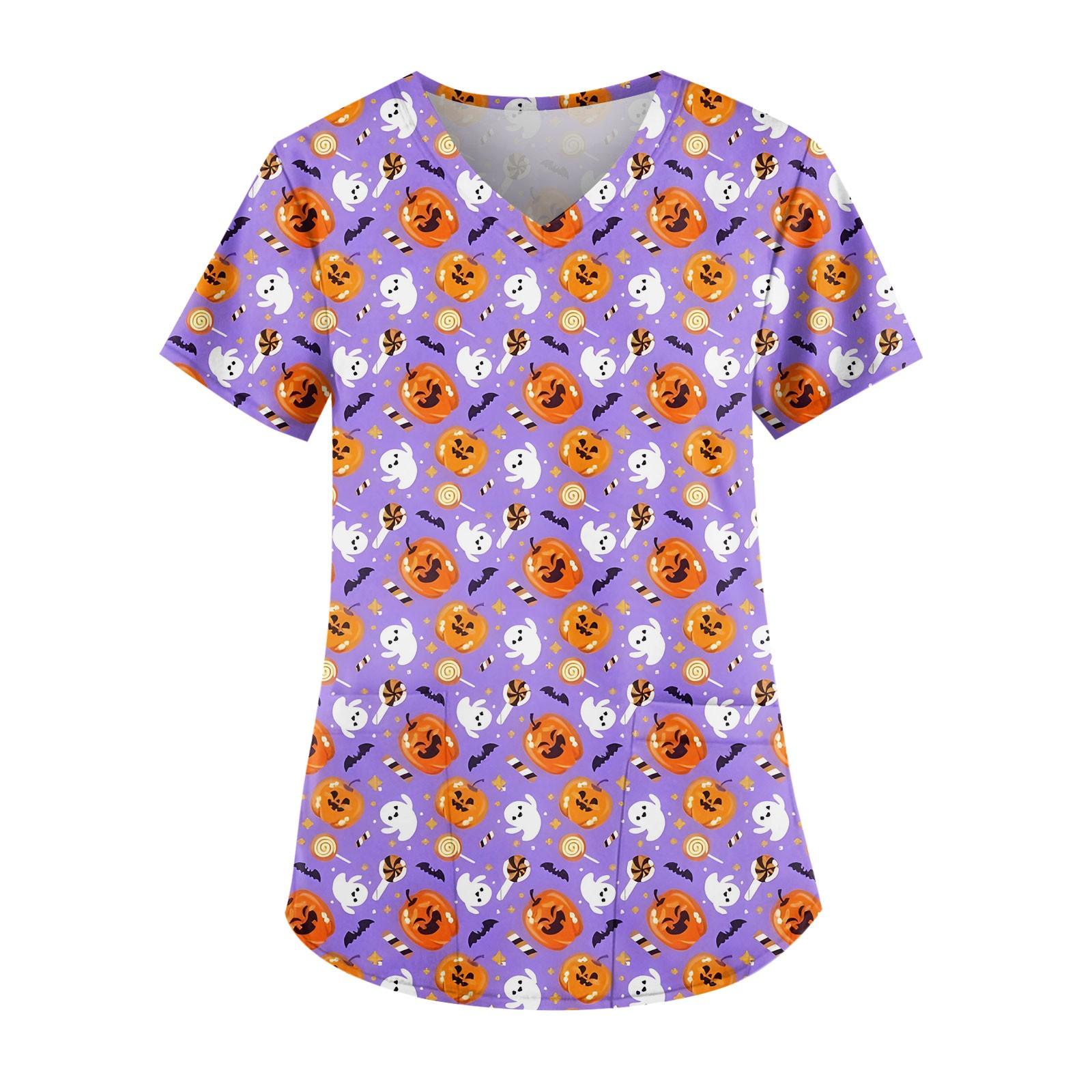 

Женская мода V-образный вырез повседневные Хэллоуин принтованные топы с карманами рабочая одежда M