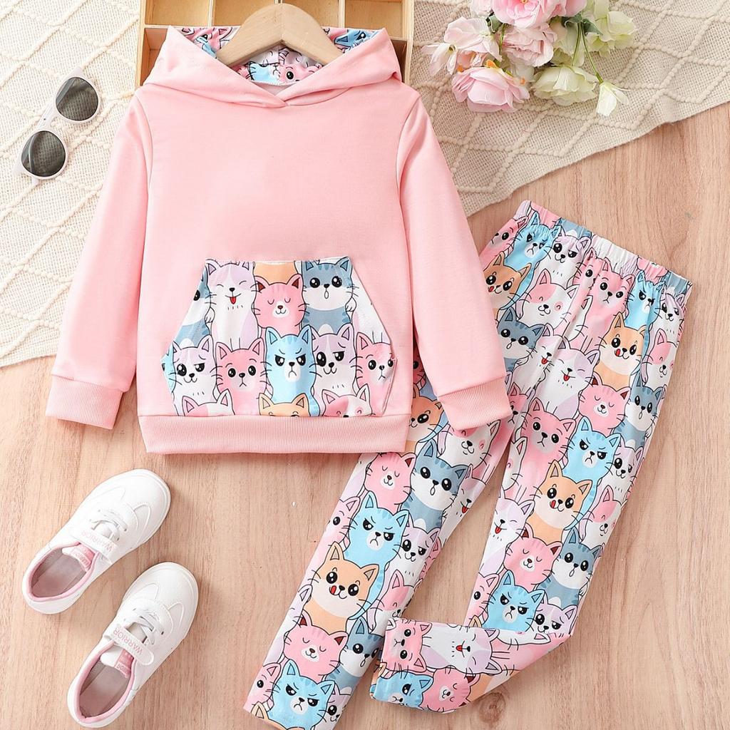 Frühling Herbst Kinder Kleidung Sets Mädchen Niedlichen Cartoon Katze Langarm Pullover Sweatshirt Top + Hosen Kinder Sport Kleidung
