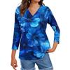 Damen Tops Dreiviertelärmel Shirt V-Ausschnitt Lockeres Freizeithemd Blumendruck T-Shirt