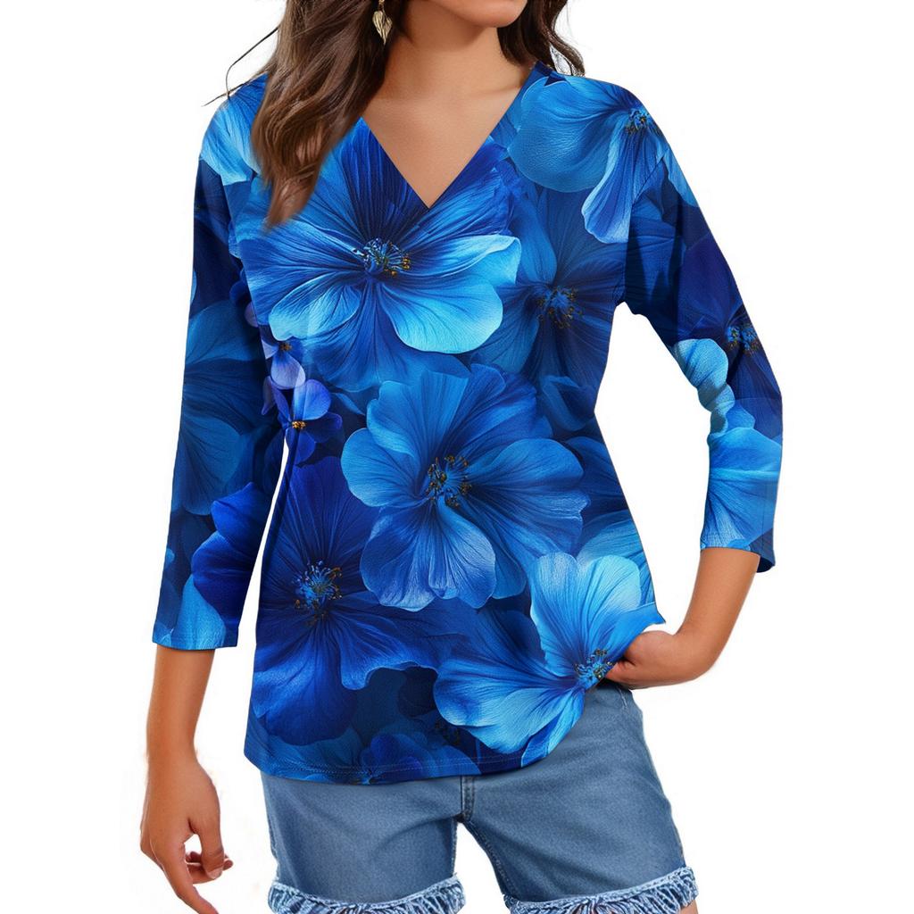 Damen Tops Dreiviertelärmel Shirt V-Ausschnitt Lockeres Freizeithemd Blumendruck T-Shirt