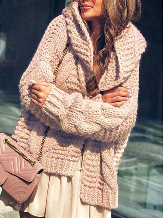 Women's Chunky Cable Knit Cardigan Hat Set - 2025 Autumn/Winter European & American Style Solid Sweater