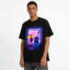 Cyber Rainy Night Girl & Cute Big Blue Cat Print Tee Street Style Loose Casual Unisex Top Pure Cotton T-shirt
