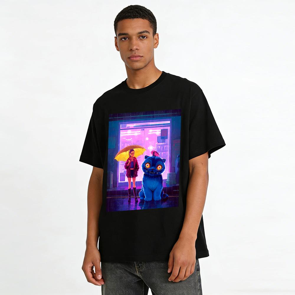 Cyber Rainy Night Girl & Cute Big Blue Cat Print Tee Street Style Loose Casual Unisex Top Pure Cotton T-shirt