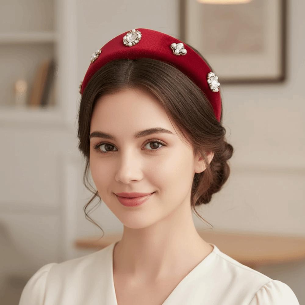 British Crown Hair Hoop Baroque Rhinestone Pearls Hairband Retro Velvet Triangle Headband Banquet
