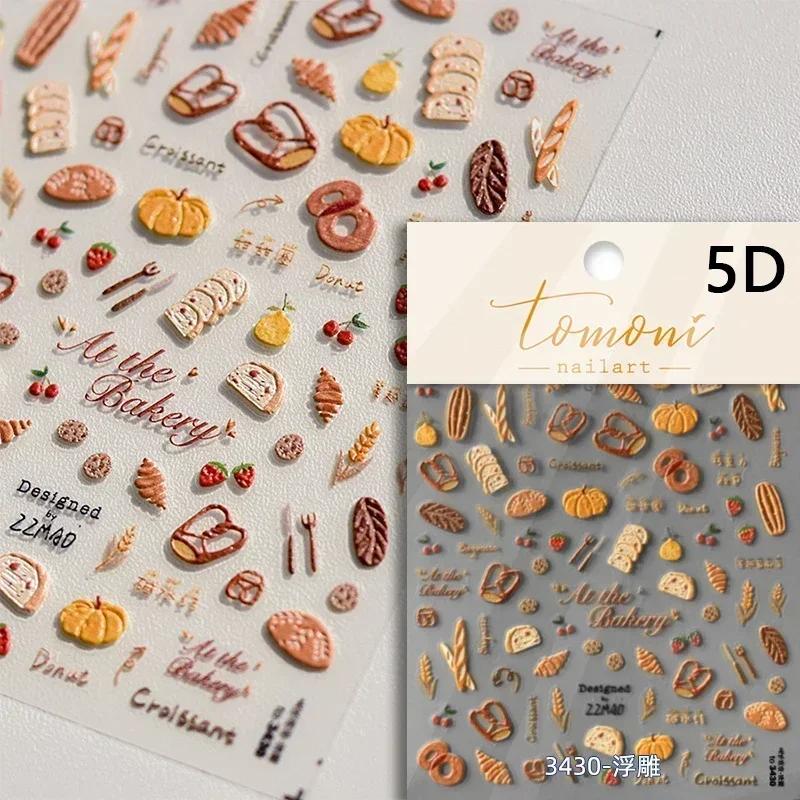 Cartoon Cute Bear Pudding Pretzel Bread Croissant Cookies Shiny 3D Self Adhesive Nail Art Stickers Bakery Lovely Manicure Decals
