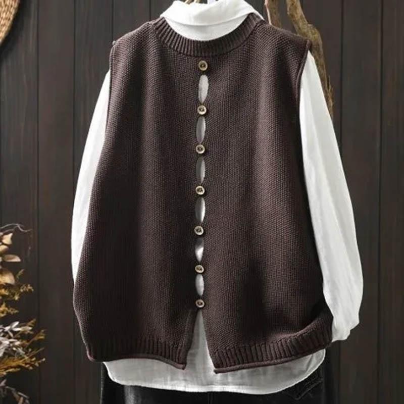 

Вязаный жилет женский свободный большого размера повседневный универсальный без рукавов на пуговицах сзади XXL коричневый