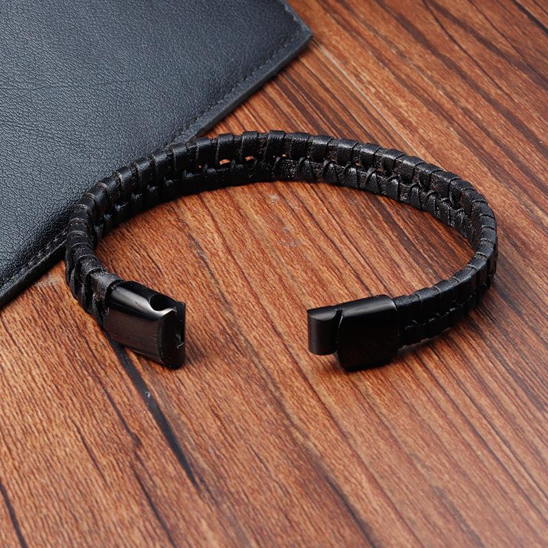Men's Black Leather Bracelet Stainless Steel Double Layer Braided Wristband Fashion Handmade Cowhide Rope Jewelry Accessories
