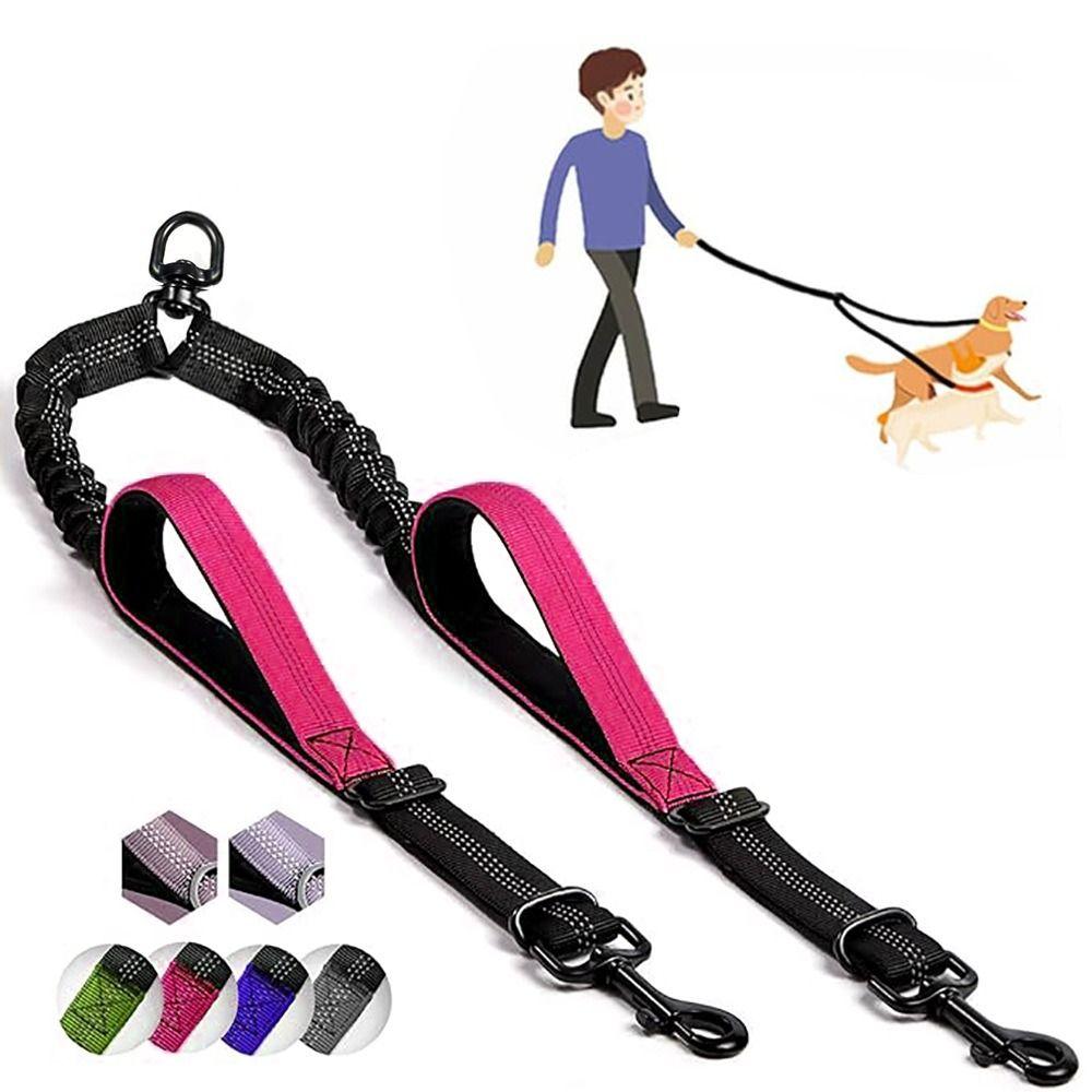 No-Pull Design Dual Dog Leash No-Tangle Shock Absorbing Two Dog Lead Rope Elastic 360° Swivel Clasp Double Head Pet Rope