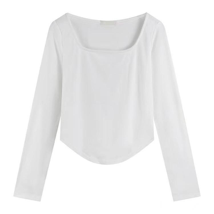 GMXIA Long Sleeve T-shirt Women Spring and Autumn Small White Retro Base Shirt Fitted with A Foreign Square Collar on The Clothes