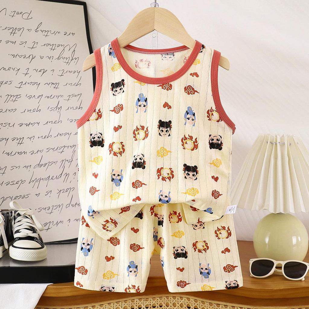 2026 Summer Children O-Neck Sleeveless Vest Suits Baby Spring Short Pants Two-pieces Set Cartoon Cotton Suit for Girl Boy