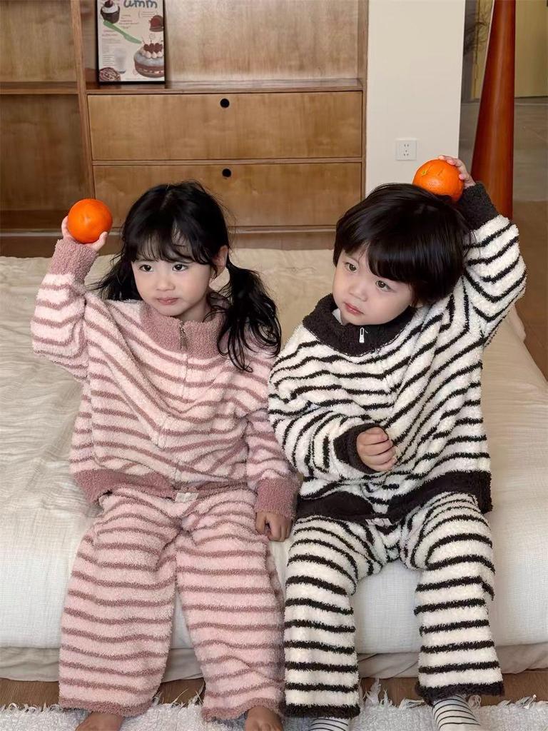 Kids' Coral Fleece Pajamas: Striped Zipper Parent-Child Set for Autumn and Winter