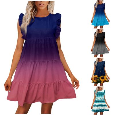 Women's Round Neck Casual Short Sleeve Ruffle-Trim Summer  Dresses