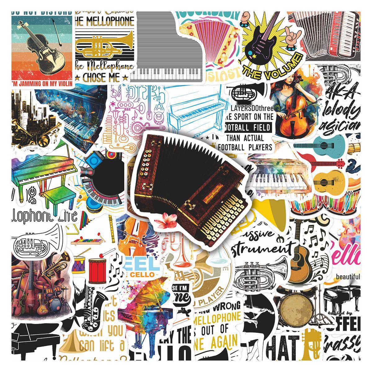 50 Retro Music Instrument-Themed Stickers: Creative Decoration for Journals, Notebooks, Phones & Refrigerators