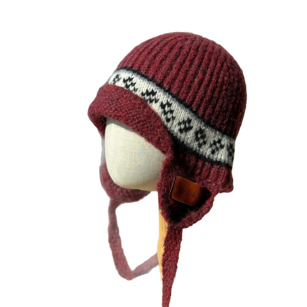 New Fair Isle Style Wool Knitted Hat for Women Korean Style Autumn and Winter Face Showing Small Warm Lace Up Ear Protection Woolen Hat