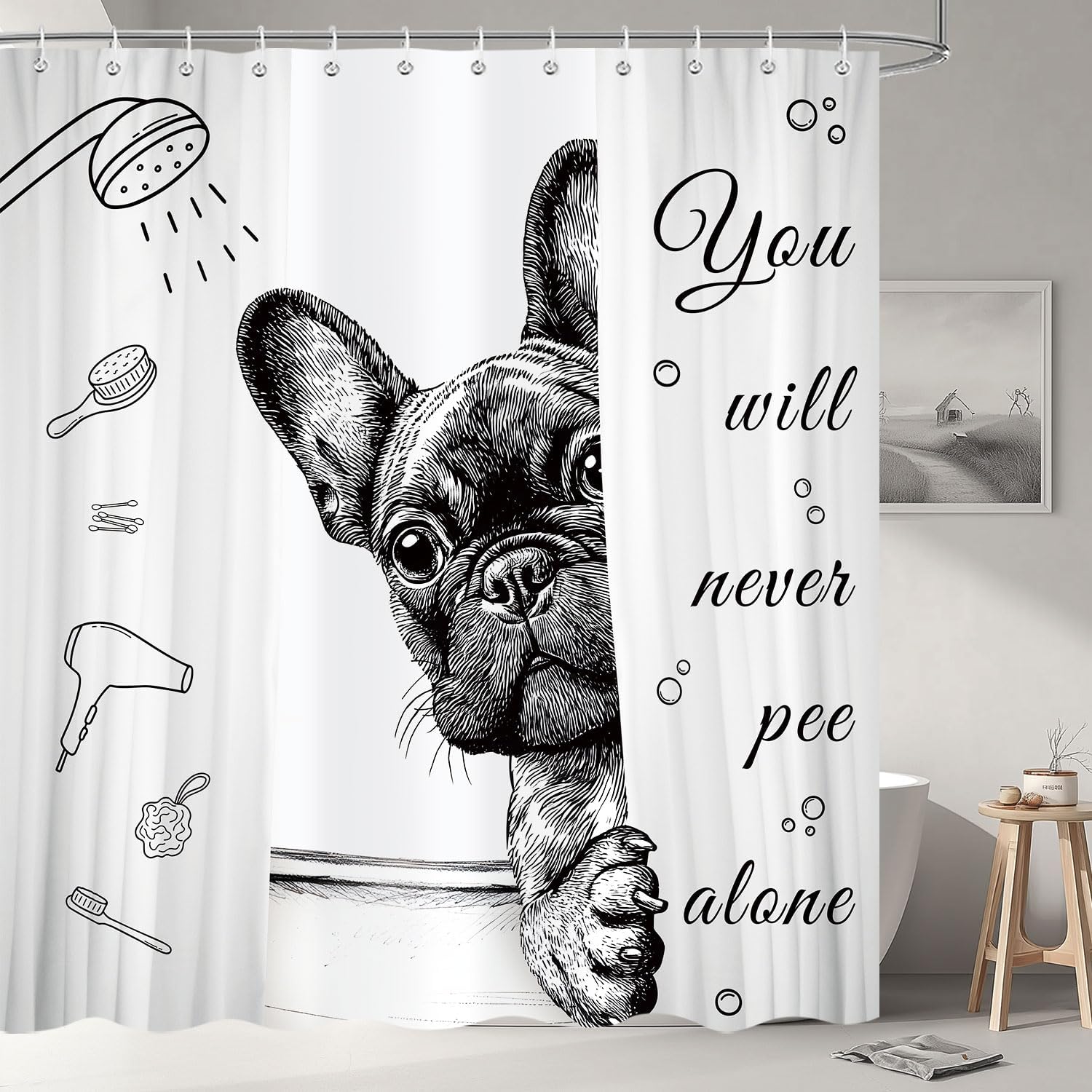 

Funny Cute Dog Shower Curtain, Fun Animal Hilarious Puppy Bulldog Black White Gray Art Printed Kids Lovely Pets Bathroom Curtain W60H190(CM)-1 Pcs