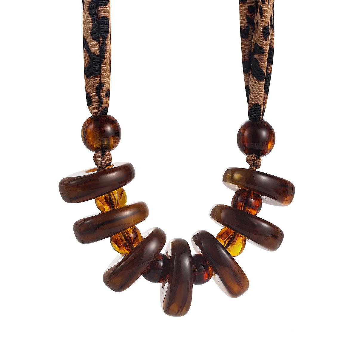 Exaggerated Geometric Resin Necklace with Leopard Print Fabric янтарь
