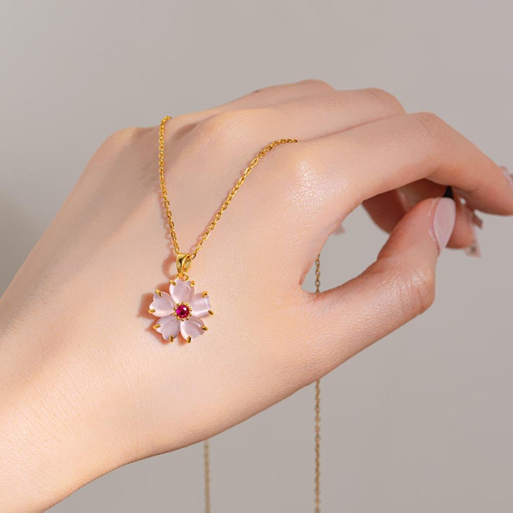 2026 Sweet Pink Cherry Blossom Pendant Necklace - Gold Plated Titanium Steel Floral Collarbone Chain for Women Delicate Jewelry