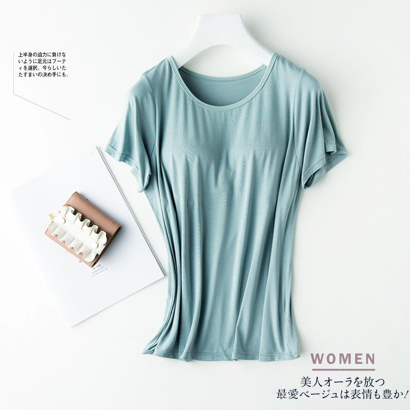 Women's Modal Short Sleeve T-Shirt with Built-in Bra Pads, Japanese Casual Loose Crew Neck Summer Bra-T, Loungewear Pullover Top
