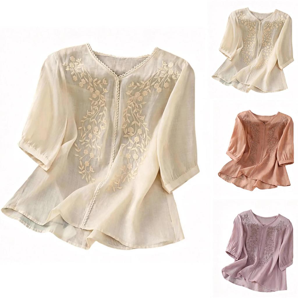 Womens Spring Tops Embroidered Loose Fit Blouse Summer Shirts for Women Casual Style Womens Summer Shirts Dressy Tops for Women