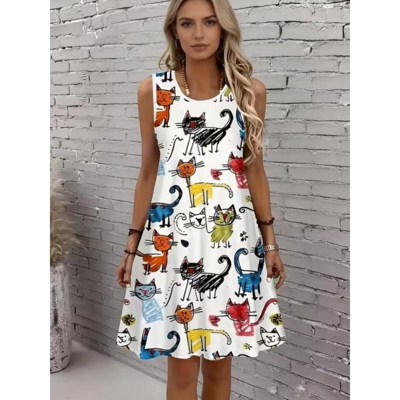 

Women s Flower Pattern Printed Sleeveless Round Neck Dress Loose Soft and Comfortable Plus Size Dress 8XL слонова кістка