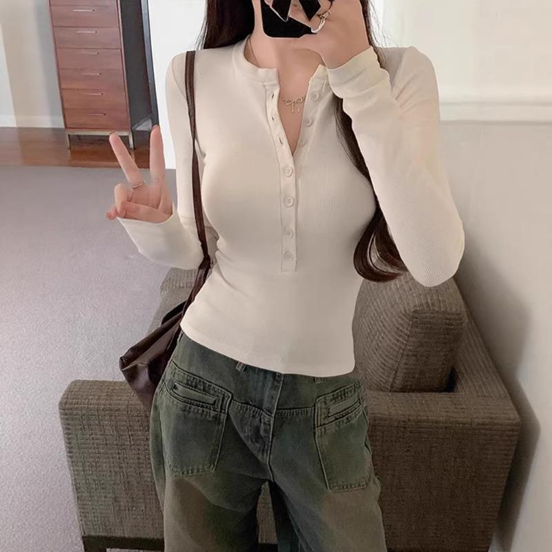 Women Slim Fitted Long Sleeve Button Front Solid Casual Inner T Shirt