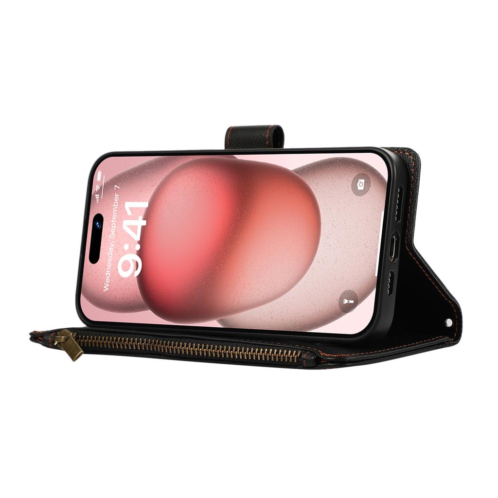 For iPhone 15 Pro Case Multi Card Slots Zipper Leather Phone Cover with Wrist Strap