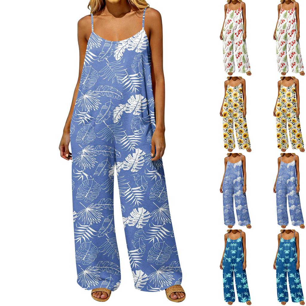 Women's Loose Fit Casual Jumpsuit Vintage Style Overalls Wide Leg Pocketed Sleeveless Backless Romper with Adjustable Straps