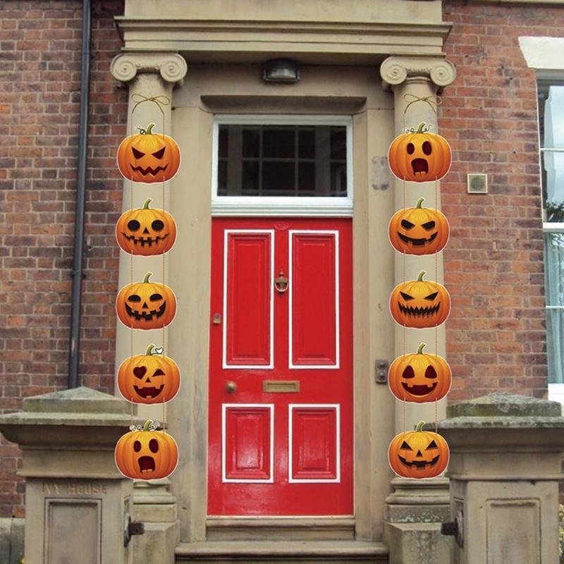 Halloween Entry Sign Set, Two Cardstock Hanging Panels with Grin Face Cutouts for Glass Display, Party Scene, Hall Styling and Room Entry