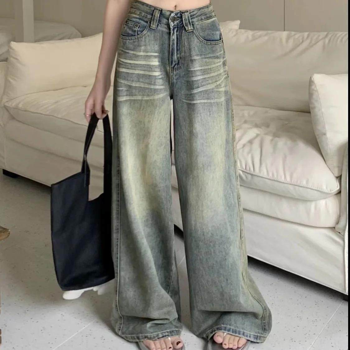 

Spring Autumn Vintage Wide-Leg Jeans Women s Loose-Fit High-Waisted Slimming Casual Straight-Leg Long Pants XXL синій