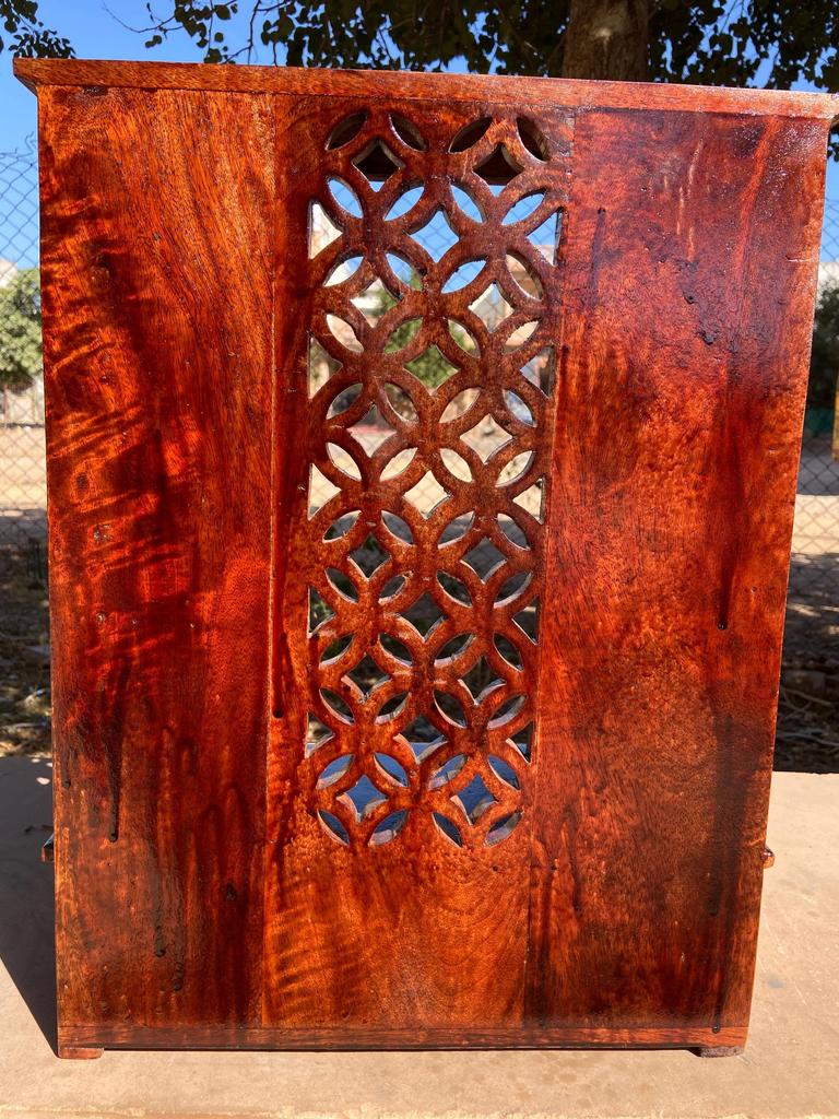 Handcrafted Wooden Wall Cabinet with Jali Work Drawer, Indian Decor