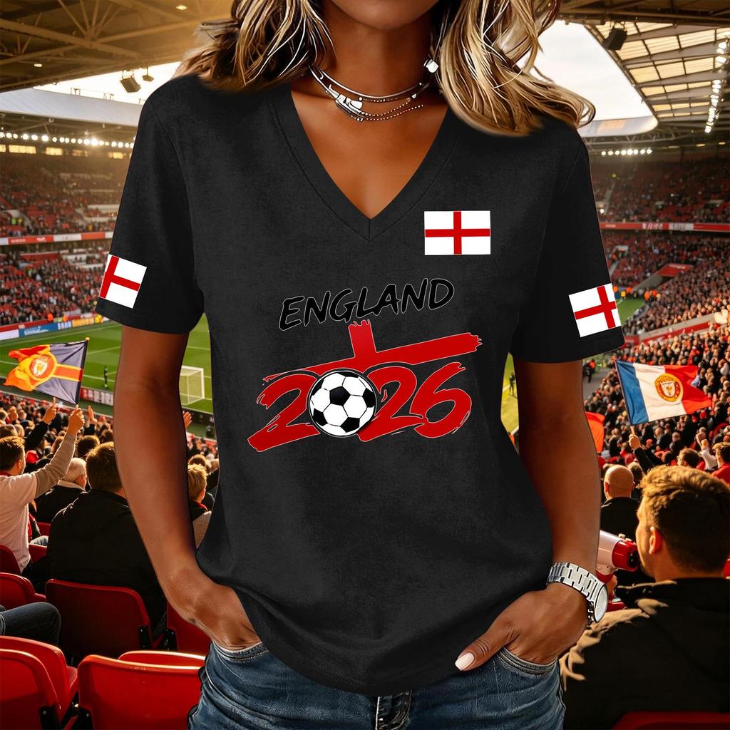 Women's Casual V Neck Short Sleeve Pullover Top Football Flag Print Support Tee Shirt for Sports Events