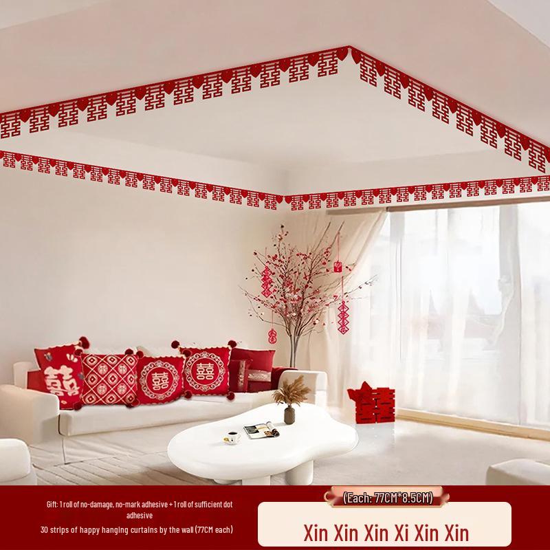 Wedding Room Decoration Set: Double Happiness Ceiling and Groom's Arrangement