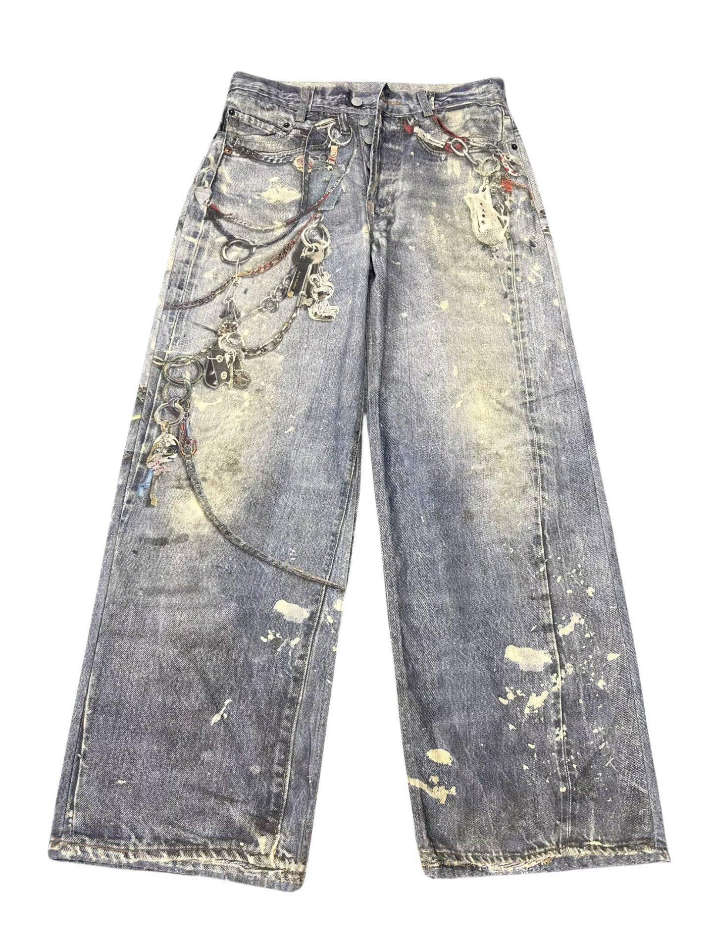 

Мужские модные джинсы прямого кроя оверсайз с 3D-принтом цепей и эффектом потертости 2024 2XL синий