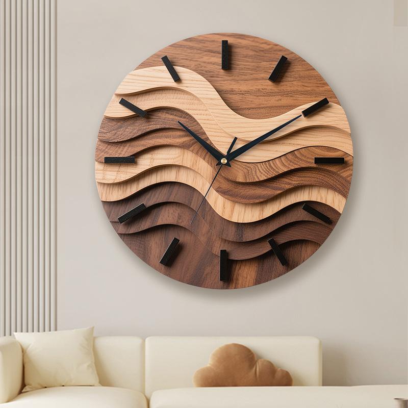 Wanduhr im nordischen Stil mit runder Holzmaserung, Imitation dreidimensionale Wellentextur, Wohnzimmer Schlafzimmer Dekoration Uhr, einfache leise Wanduhr