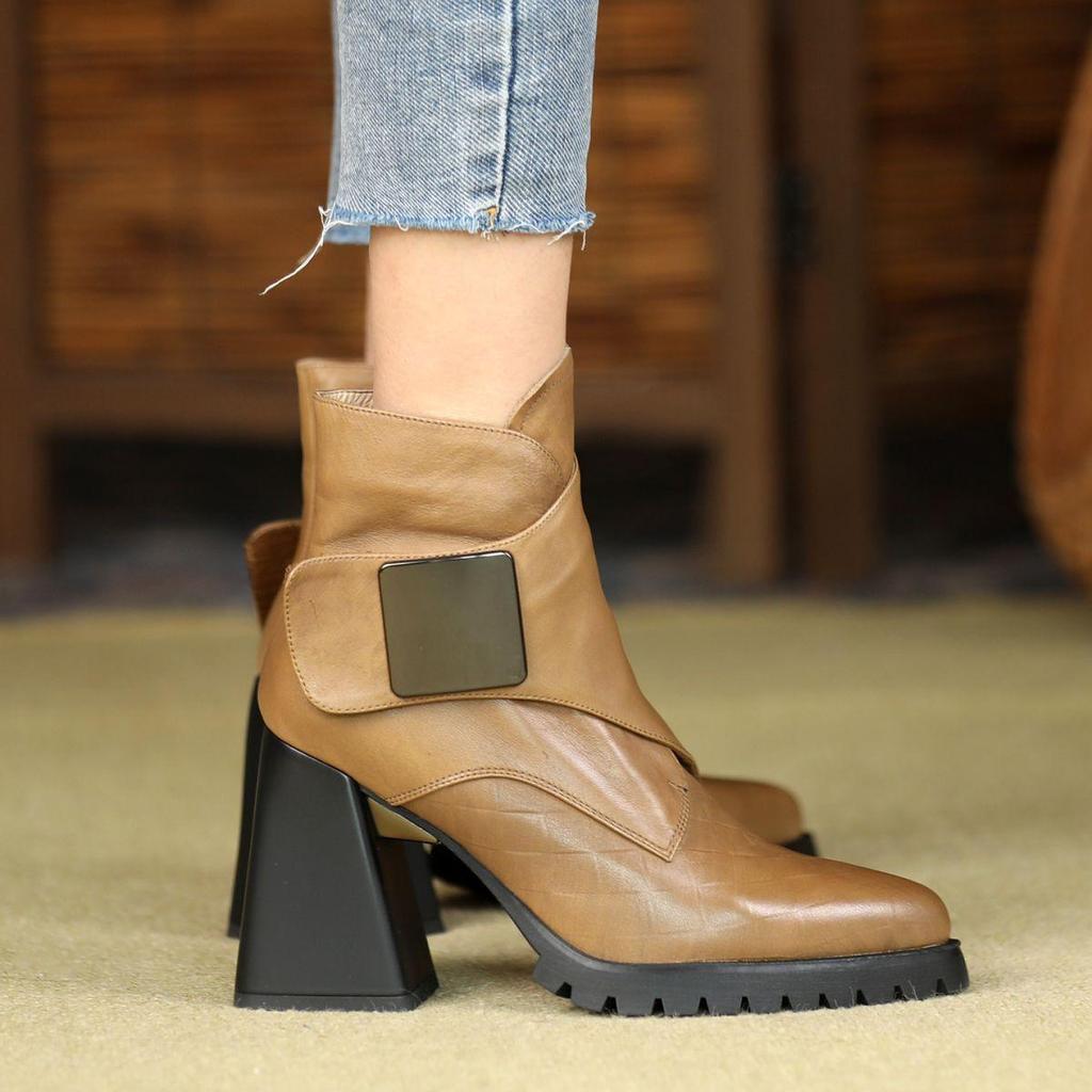 New Pointed Metal Sheet Women's Boots Retro Waterproof Table Small Man Velcro New European and American High-heeled Martin Boots Women