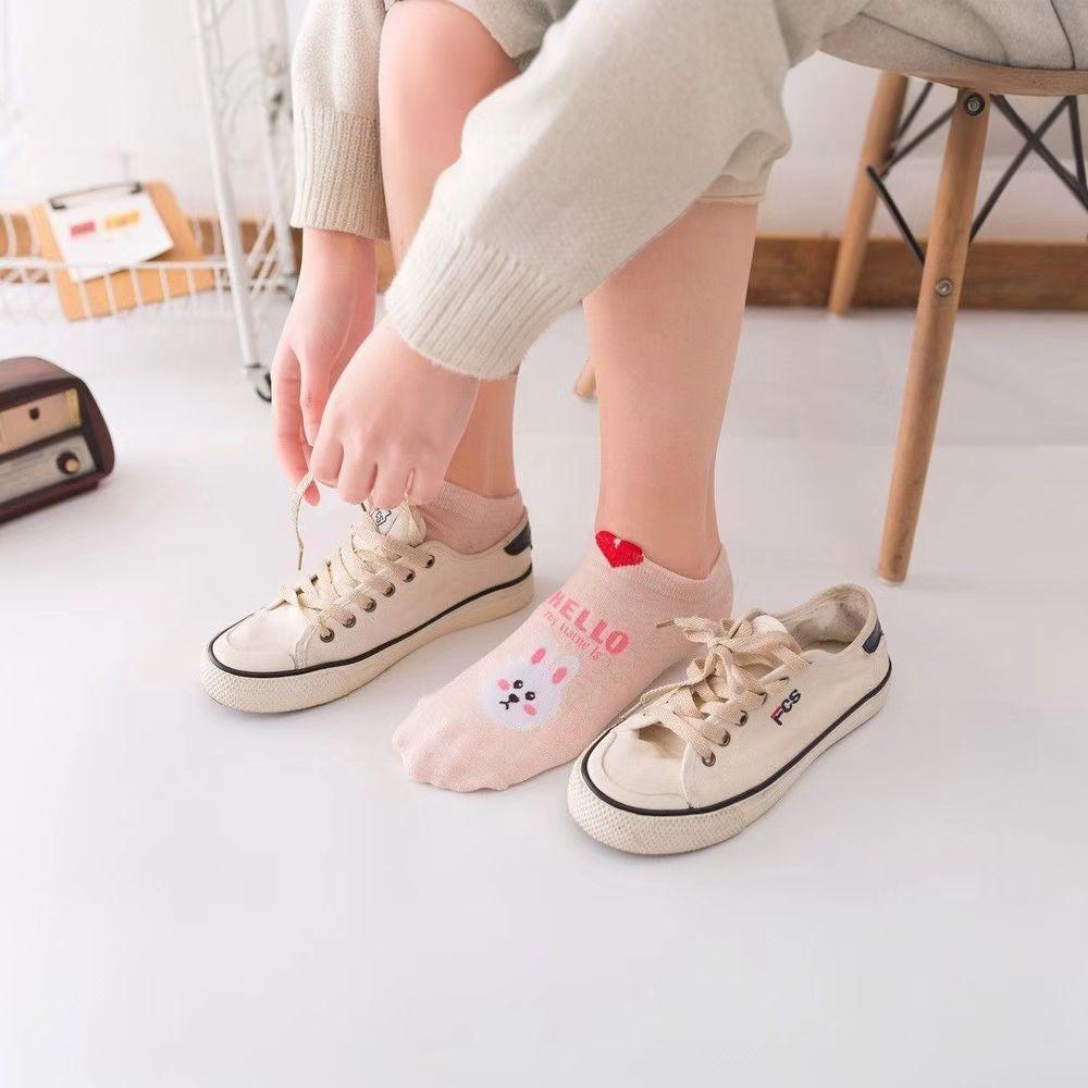 SHXI 5 Pairs Low Tube Women's Socks Cute Cotton Boat Socks Cartoon Hello Letter Animal Avatar Straight Plate Love Socks