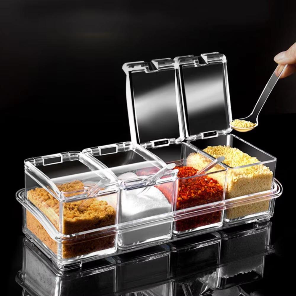 3/4-Gitter Gewürzdose mit Löffel, transparente Acryl Zucker- und Salzbox, Küchengewürzbehälter, Küchenorganisation Aufbewahrung