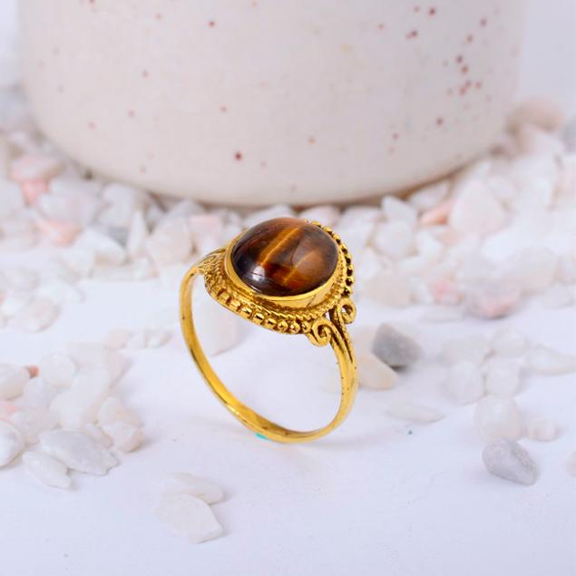 

Tiger s Eye Solitaire Ring, Boho Brass Gemstone Jewelry, Dainty Protection Stone Ring, Unique Spiritual Gift for Her, Handmade Minimalist Ring 3 золотий