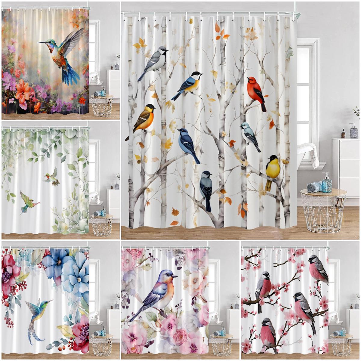 Monika Chen Pink/Green Cute Bird Plant Shower Curtain Hummingbird Flower Leaves Nature Floral Bathroom Decor Polyester Bath Curtain