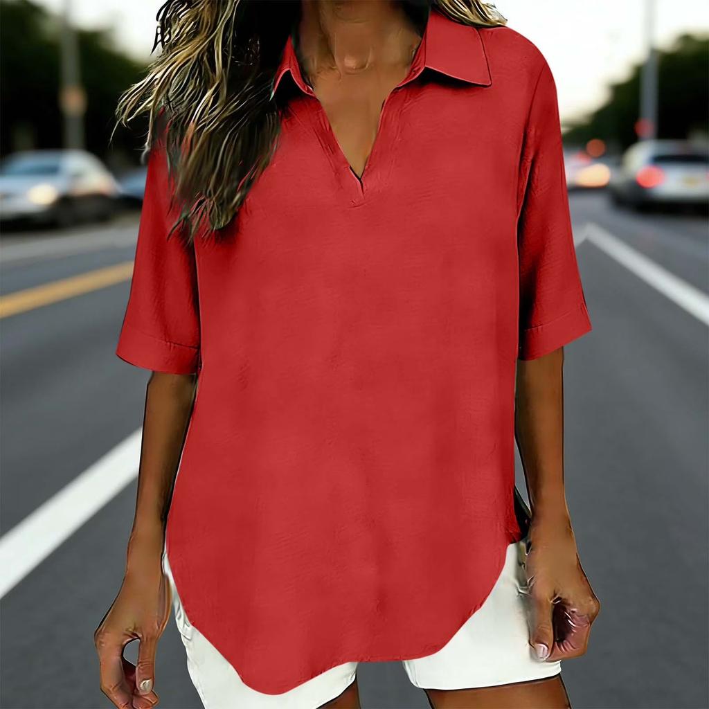 Women's  Fashionable Loose Color V-Neck Casual Cotton And Linen Shirt T-Shirt Top