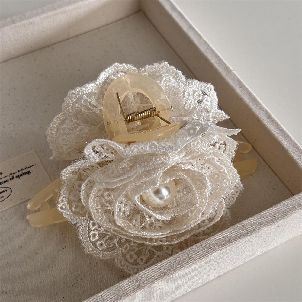 Elegant Pearl Bow Lace Hair Clip Claw - White Temperament Style