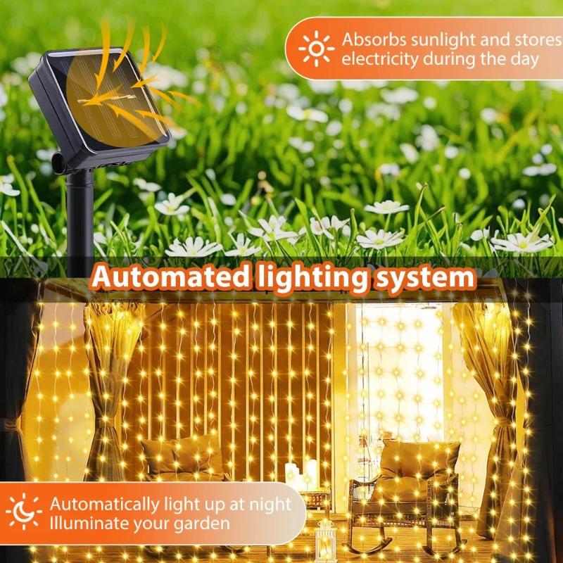 Outdoor Solar Curtain Light 8 Lighting Modes Fairy String Lights Waterproof Garden Party Wedding Christmas Decorative Lamps