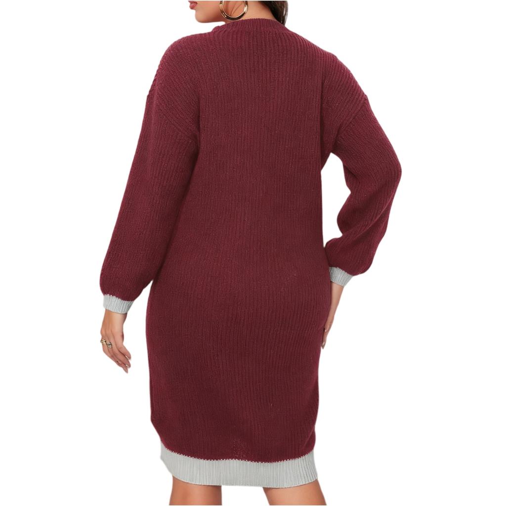 Women's Fashion Plus-Size Sweater V-Neck Color-Blocked Spliced Bodycon Sweater Dress