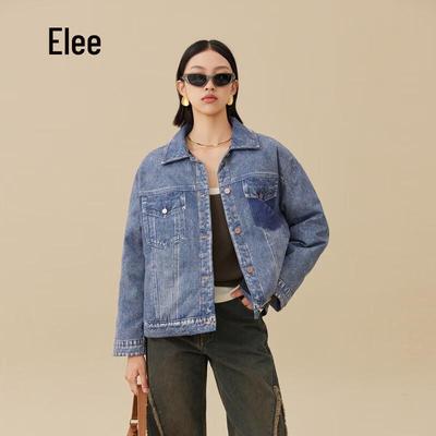 Damen Denim Revers Leichte Daunenjacke