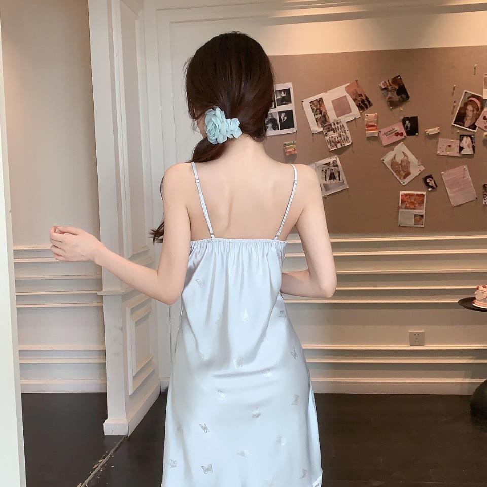 Sexy Pajamas Women Ice Ribbon Chest Pad Summer Iron Silver Butterfly Pure Wind Silk Suspender Pajamas Can Loungewear