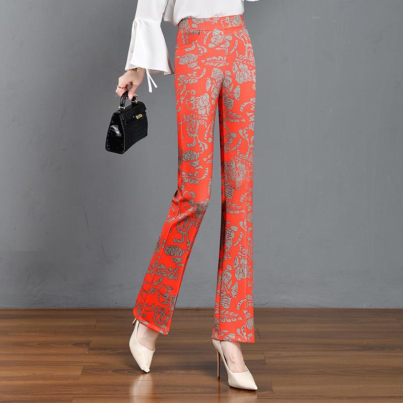 2024 Versatile Printed Micro-Flare Pants: Elastic Waist, Slimming, Stretchy Women’s Long Pants