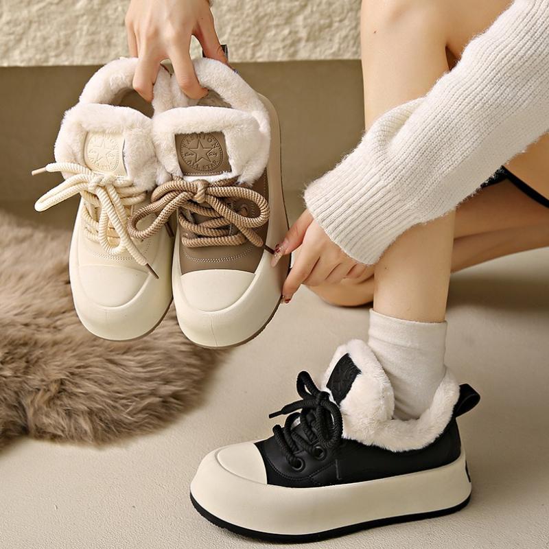 Women's Leather Large Size Soft Sole Winter Warm Anti-slip Fur One Snow Boots Padded Lined Ankle Boots Anti-slip Sports Cotton Boots Board Shoes