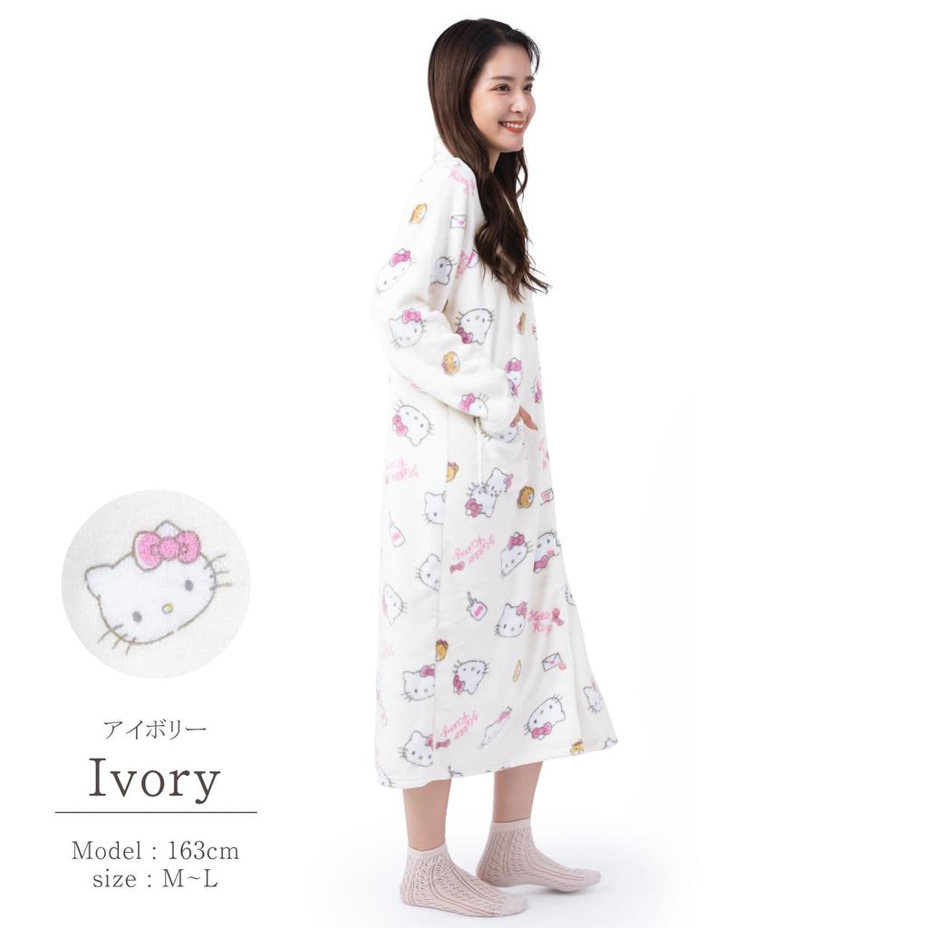 Hello Kitty Nightgown Flannel Loungewear Pink Ribbon Hello Kitty [Sazac] One-piece Women's Button-down (Ivory/ML/SAN1747)