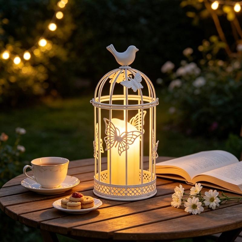 White Iron Candle Holders, Birdcage Frame with Butterfly Accent and Bird Top Detail, Antique Candlestick Lantern for Living Room, Entryway, or Study